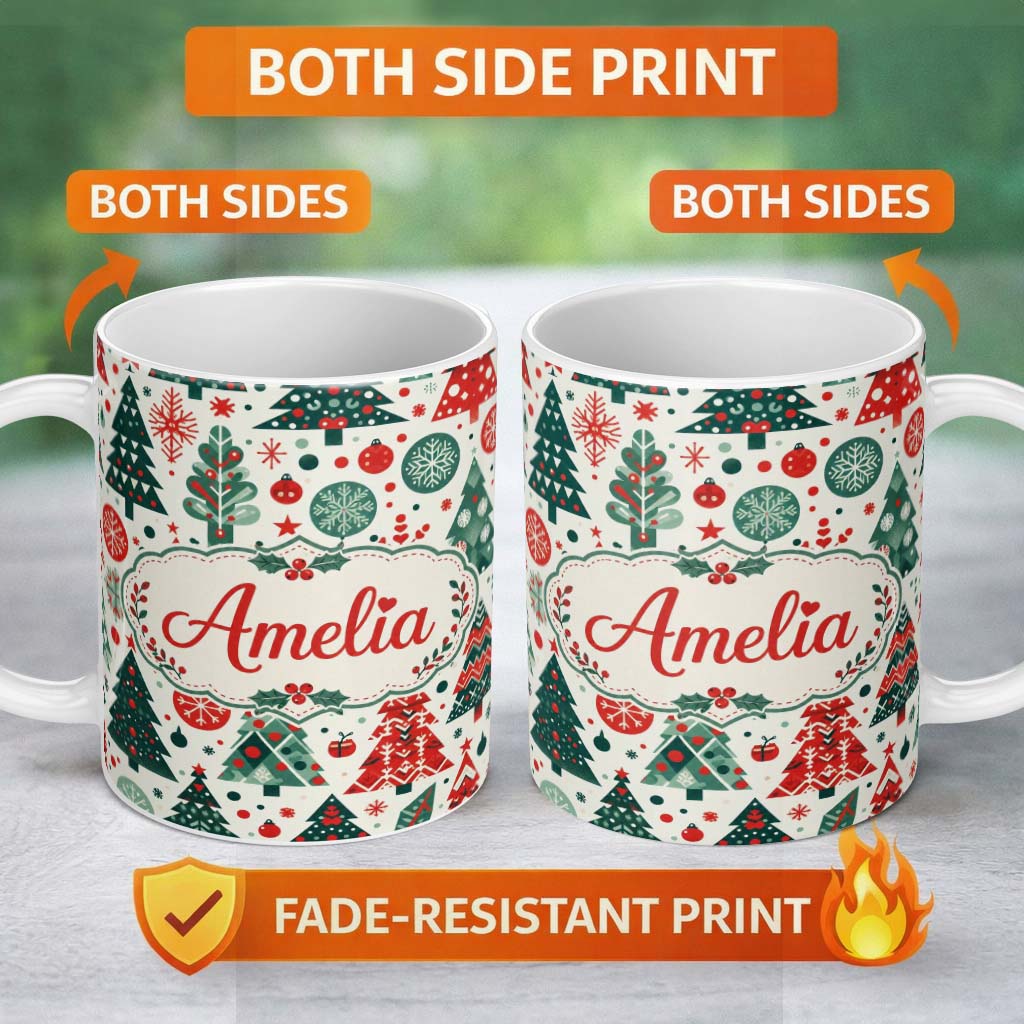 Personalized Custom Name Scandi Christmas Trees Ornaments Red Green Festive Seamless Pattern 11oz Ceramic Coffee Tea Mug White Large Handle