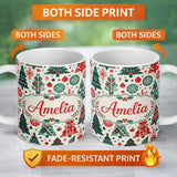 Personalized Custom Name Scandi Christmas Trees Ornaments Red Green Festive Seamless Pattern 11oz Ceramic Coffee Tea Mug White Large Handle