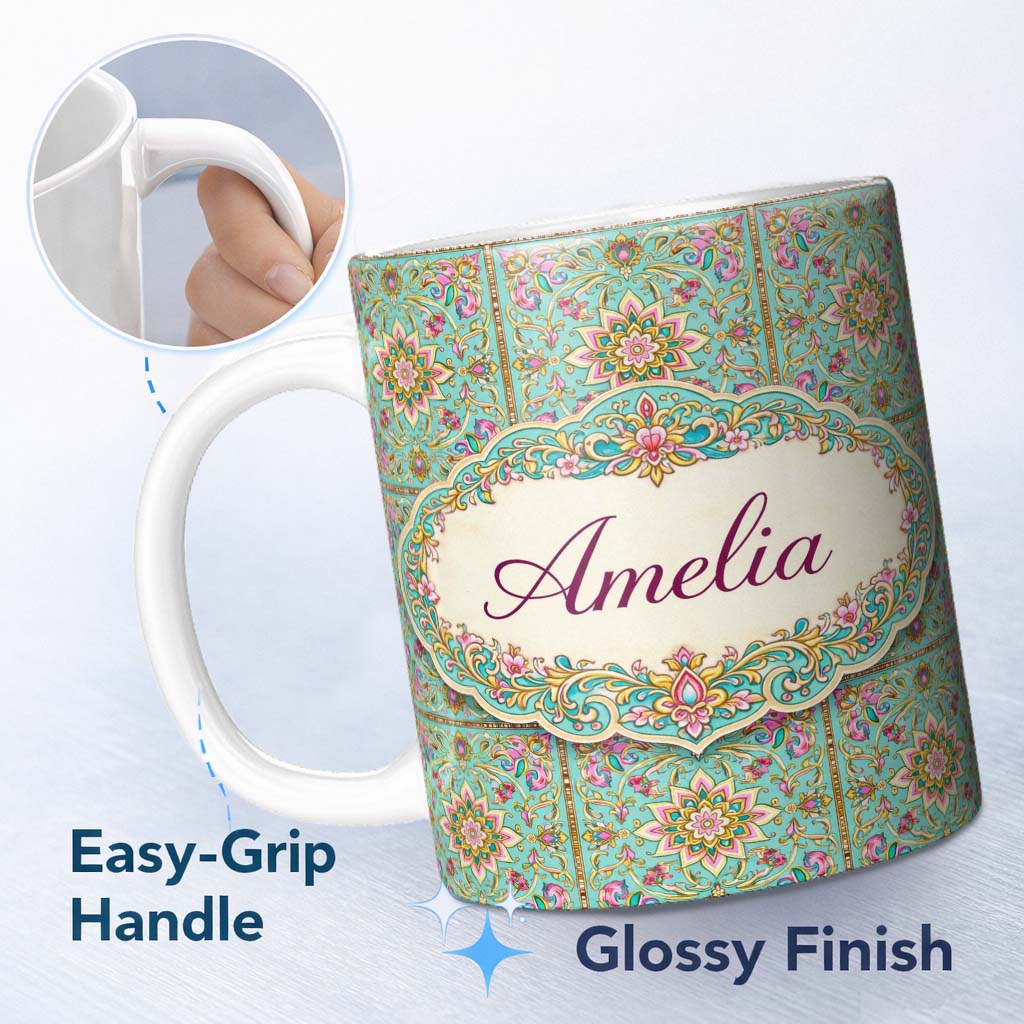 Personalized Custom Name Teal Pink Mandala Floral Tile Pattern Decorative Symmetry Lovely 11oz Ceramic Coffee Tea Mug White Large Handle