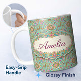 Personalized Custom Name Teal Pink Mandala Floral Tile Pattern Decorative Symmetry Lovely 11oz Ceramic Coffee Tea Mug White Large Handle