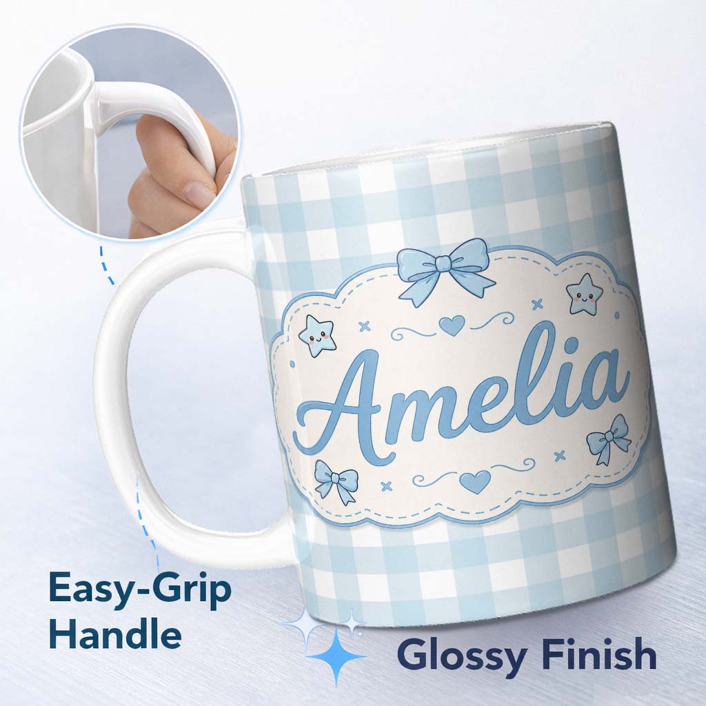 Personalized Custom Name Soft Blue And White Gingham Check Seamless Pattern Classic Lovely 11oz Ceramic Coffee Tea Mug White Large Handle