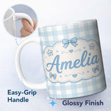 Personalized Custom Name Soft Blue And White Gingham Check Seamless Pattern Classic Lovely 11oz Ceramic Coffee Tea Mug White Large Handle