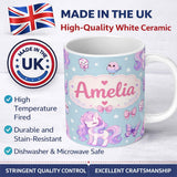 Custom Name Cute Pastel Unicorn Butterfly Candy Stars Blue Background Seamless 11oz Ceramic Coffee Tea Mug White Large Handle