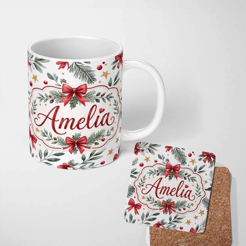 Personalized Custom Name Elegant Christmas Bows Holly Leaves Stars Festive Seamless Pattern 11oz Ceramic Coffee Tea Mug White Large Handle