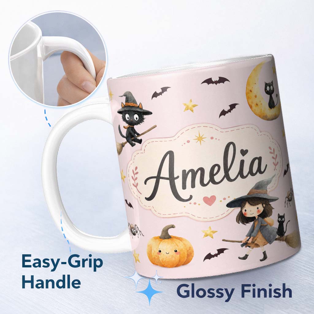 Personalized Custom Name Halloween Witch Cat Moon Stars Spooky Night Pink Seamless Pattern 11oz Ceramic Coffee Tea Mug White Large Handle