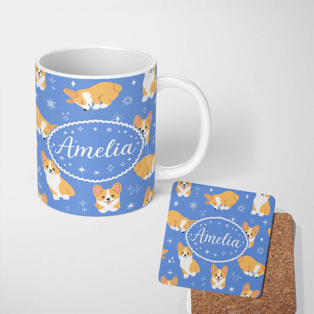 Personalized Custom Name Cute Corgi Dogs Stars Blue Background Seamless Pattern Lovely 11oz Ceramic Coffee Tea Mug White Large Handle