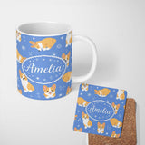 Personalized Custom Name Cute Corgi Dogs Stars Blue Background Seamless Pattern Lovely 11oz Ceramic Coffee Tea Mug White Large Handle