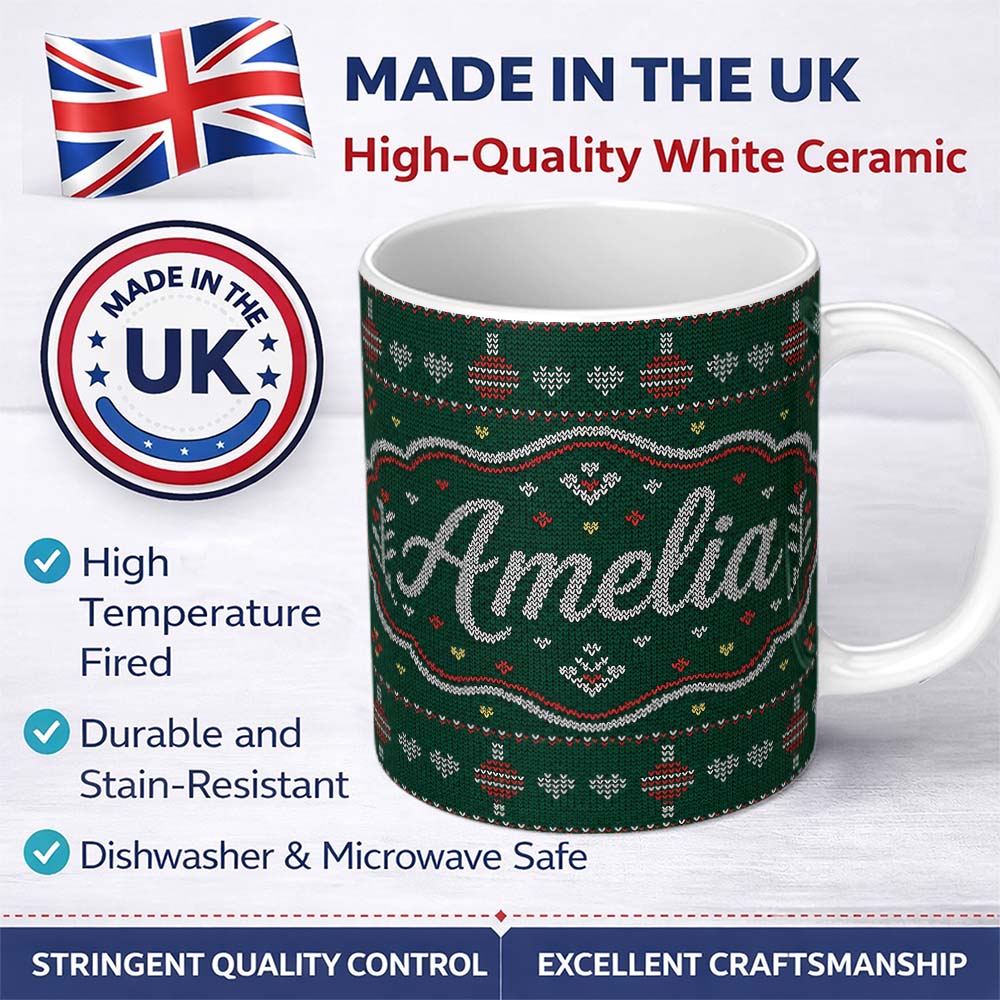 Personalized Custom Name Nordic Ornament Christmas Tree Knit Green Red White Festive Seamless 11oz Ceramic Coffee Tea Mug White Large Handle