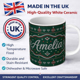 Personalized Custom Name Nordic Ornament Christmas Tree Knit Green Red White Festive Seamless 11oz Ceramic Coffee Tea Mug White Large Handle