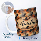 Personalized Custom Name Grunge Gothic Raven with Black Crows on Distressed Orange and Beige 11oz Ceramic Coffee Tea Mug White Large Handle