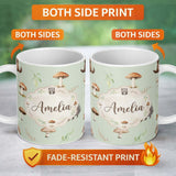 Personalized Custom Name Woodland Hedgehogs with Mushrooms Leaves Soft Sage Green Seamless 11oz Ceramic Coffee Tea Mug White Large Handle