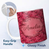 Personalized Custom Name Watercolor Red Cherry Blossom Branch Seamless Pattern Lovely 11oz Ceramic Coffee Tea Mug White Large Handle