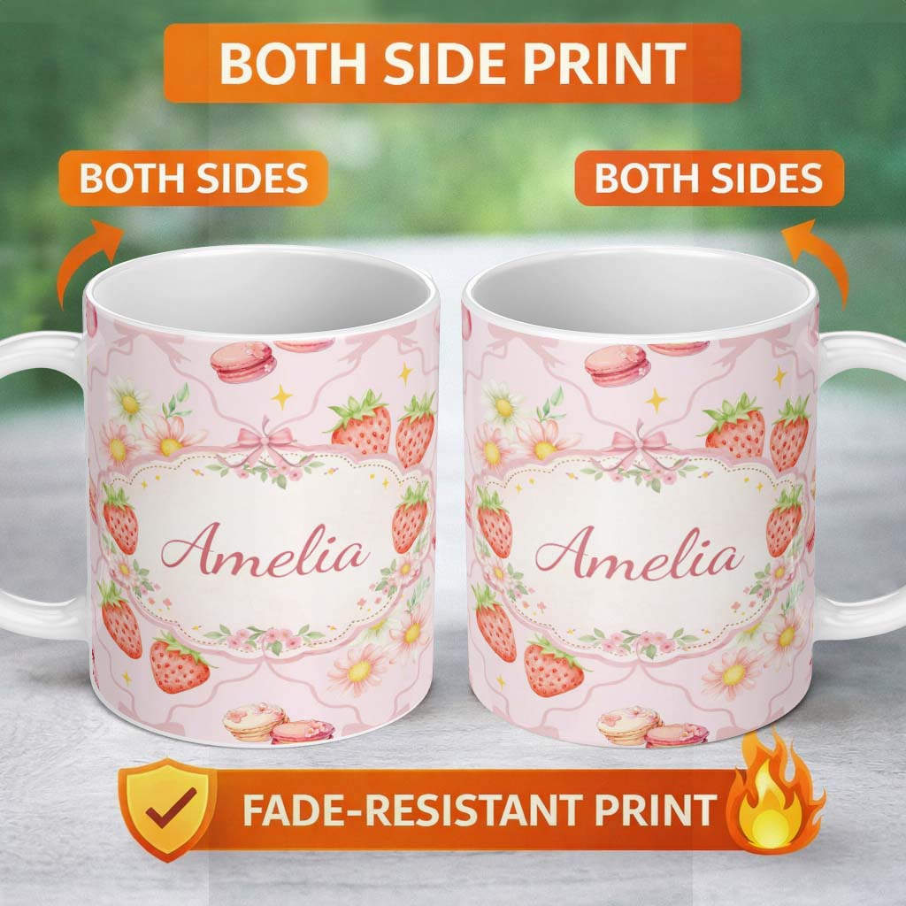 Personalized Custom Name Strawberry Cherry Bow Daisy Cherry Pink Cute Coquette Floral Design 11oz Ceramic Coffee Tea Mug White Large Handle