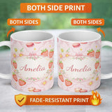 Personalized Custom Name Strawberry Cherry Bow Daisy Cherry Pink Cute Coquette Floral Design 11oz Ceramic Coffee Tea Mug White Large Handle