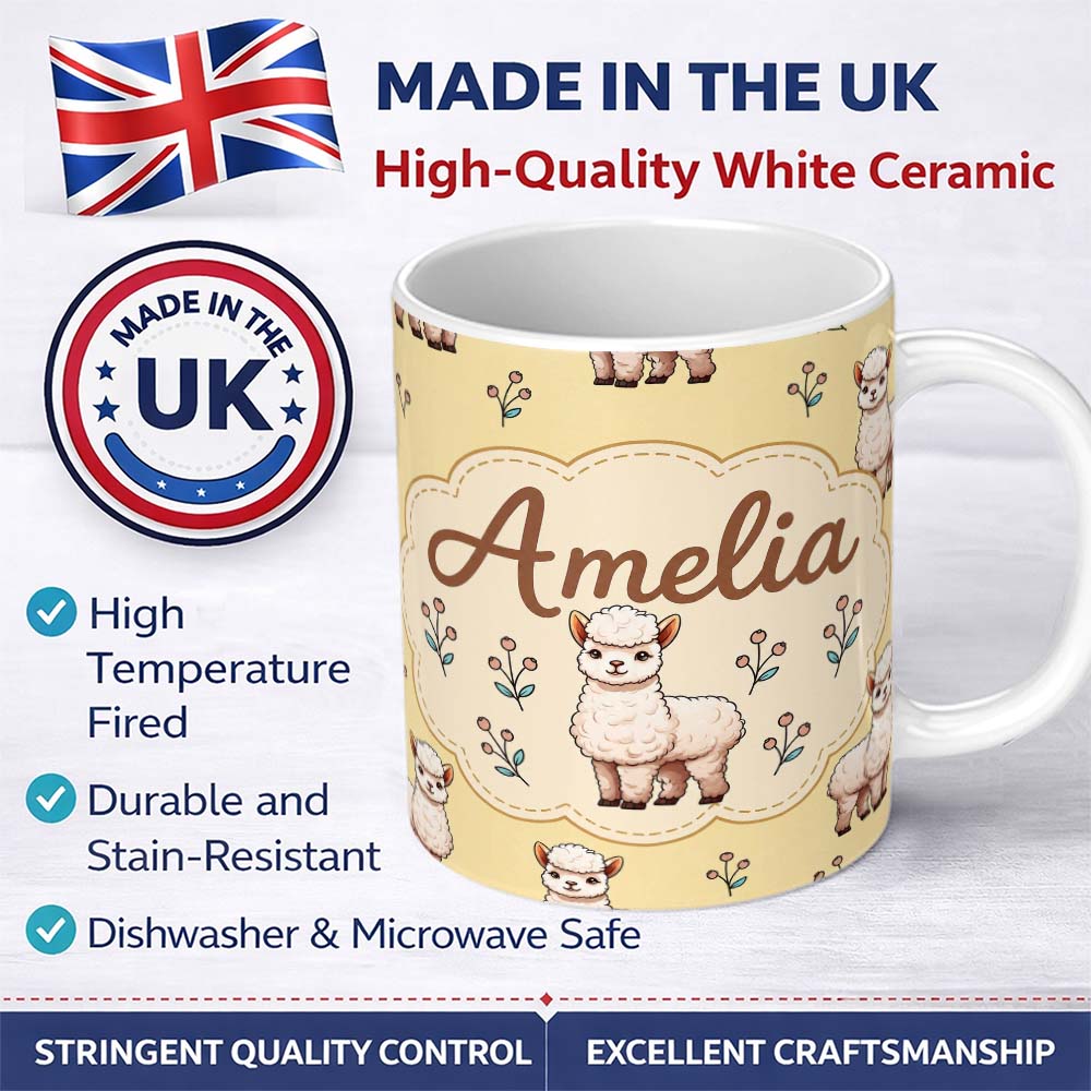 Personalized Custom Name Cute Alpaca Llama Farm Animals Floral Seamless Pattern Warm Beige 11oz Ceramic Coffee Tea Mug White Large Handle