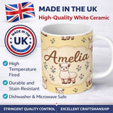 Personalized Custom Name Cute Alpaca Llama Farm Animals Floral Seamless Pattern Warm Beige 11oz Ceramic Coffee Tea Mug White Large Handle