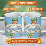 Personalized Custom Name Cute Kawaii Cute Plant Pots Leaves Seamless Pattern Blue Background 11oz Ceramic Coffee Tea Mug White Large Handle