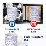 Personalized Custom Name Purple Floral Meadow Seamless Pattern Simple Botanical Repeat Design 11oz Ceramic Coffee Tea Mug White Large Handle