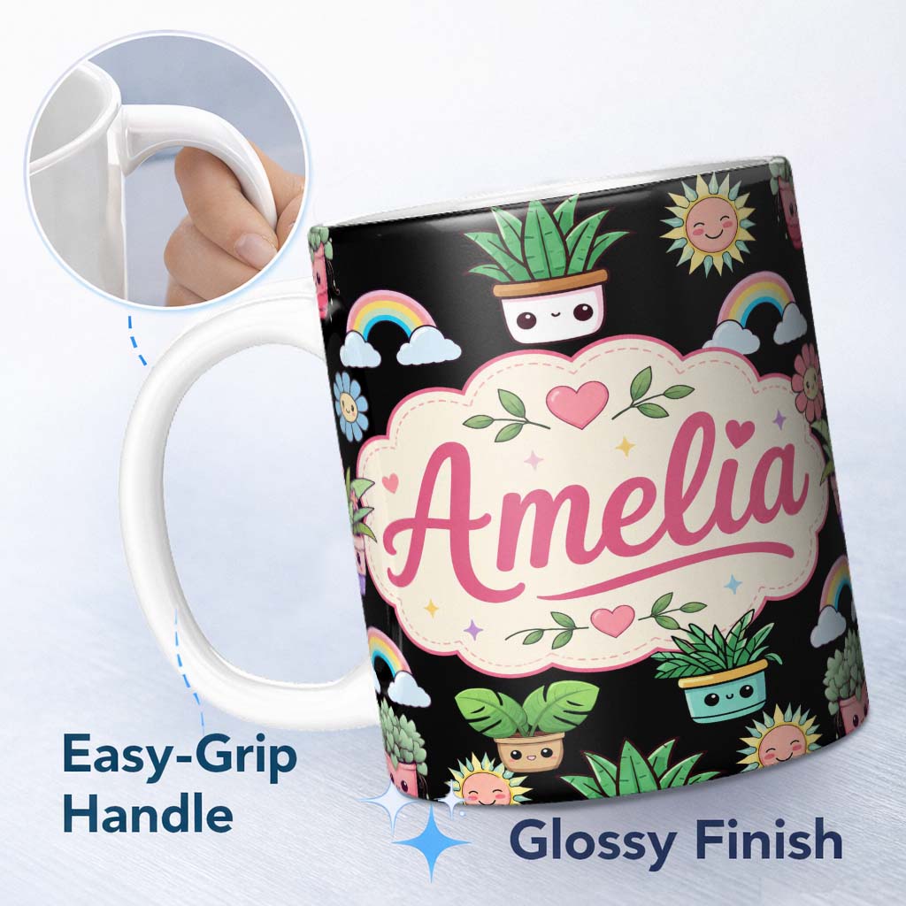 Personalized Custom Name Cute Kawaii Rainbow Sun Flowers Plant Pots Seamless Pattern Black 11oz Ceramic Coffee Tea Mug White Large Handle