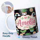 Personalized Custom Name Cute Kawaii Rainbow Sun Flowers Plant Pots Seamless Pattern Black 11oz Ceramic Coffee Tea Mug White Large Handle