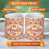 Personalized Custom Name Vintage Floral Damask Pattern in Red and Taupe on Beige Background 11oz Ceramic Coffee Tea Mug White Large Handle