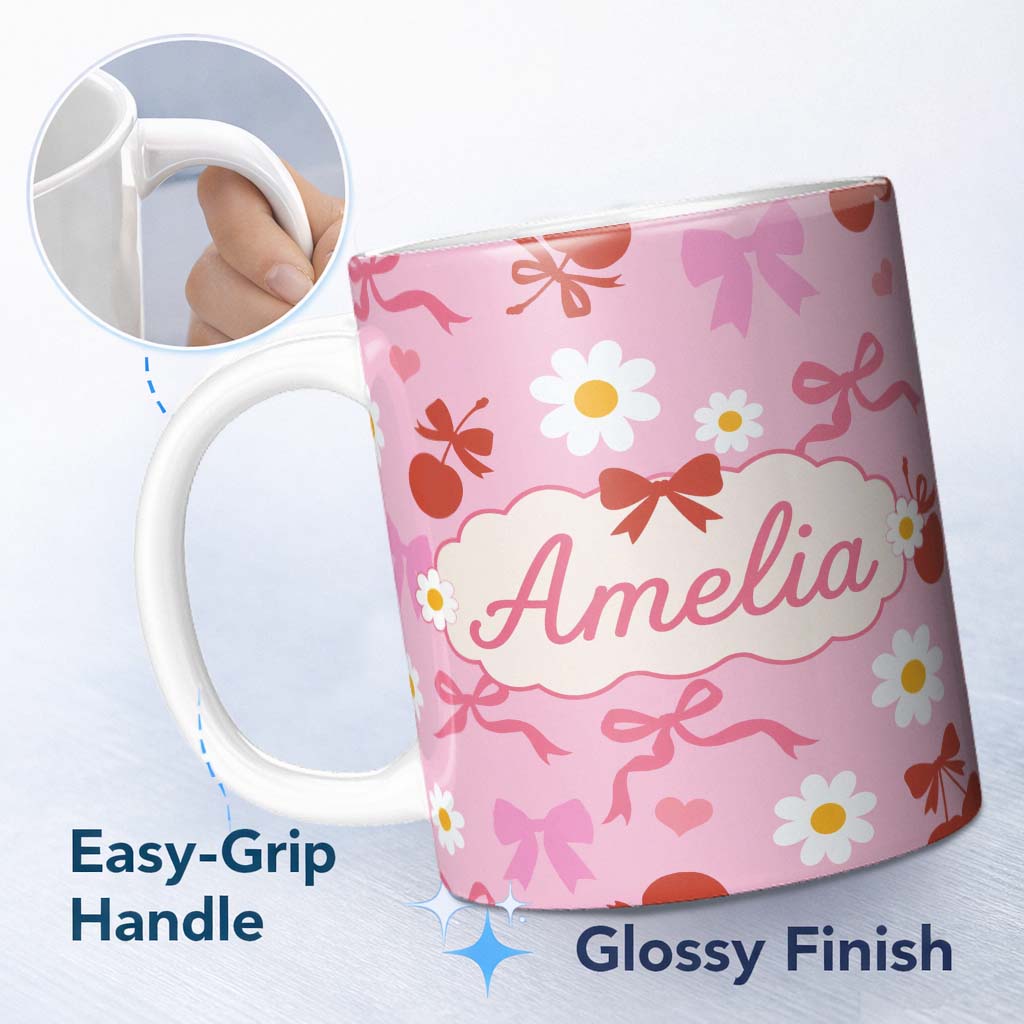 Personalized Custom Name Cute Cherry Bow Daisy Heart with White Daisies on Grey Background 11oz Ceramic Coffee Tea Mug White Large Handle