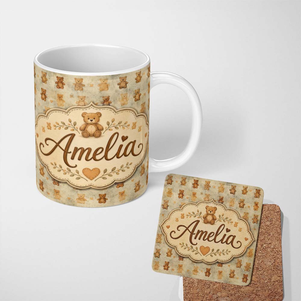 Personalized Custom Name Vintage Distressed Teddy Bear Repeating Pattern Seamless Lovely 11oz Ceramic Coffee Tea Mug White Large Handle