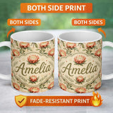 Personalized Custom Name Vintage Style Protea Flowers on Neutral Background Seamless Pattern 11oz Ceramic Coffee Tea Mug White Large Handle