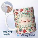 Personalized Custom Name Cute Gift Box Candy Cane Hat Ornament Seamless Pattern Christmas 11oz Ceramic Coffee Tea Mug White Large Handle
