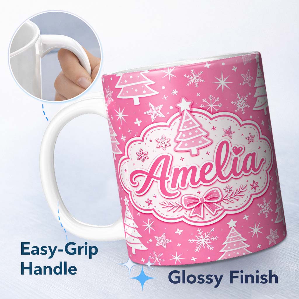 Personalized Custom Name Pink Christmas Trees Snowflake Star Seamless Pattern Lovely 11oz Ceramic Coffee Tea Mug White Large Handle
