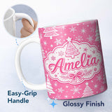 Personalized Custom Name Pink Christmas Trees Snowflake Star Seamless Pattern Lovely 11oz Ceramic Coffee Tea Mug White Large Handle