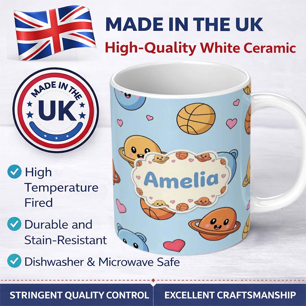 Personalized Custom Name Cute Kawaii Planets Basketball Hearts Fun Space Seamless Pattern 11oz Ceramic Coffee Tea Mug White Large Handle