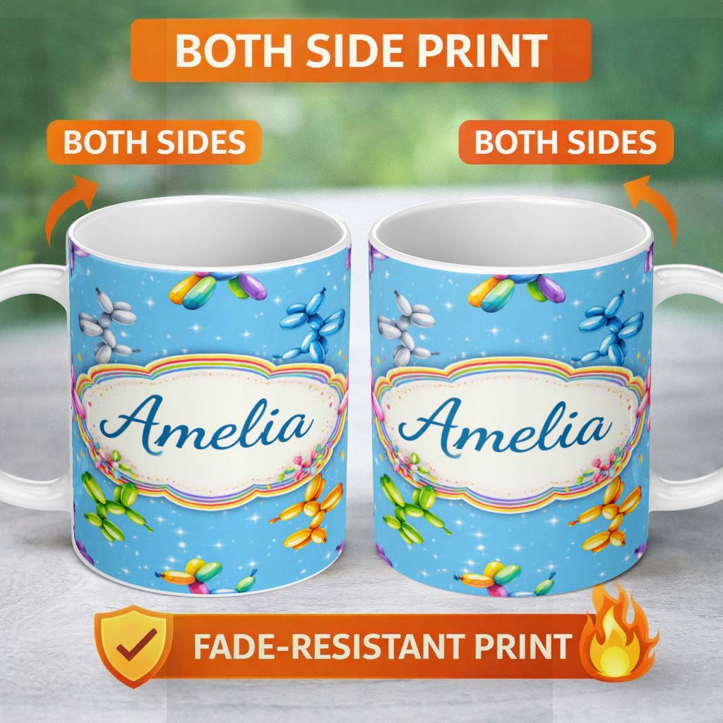 Personalized Custom Name Balloon Dog Seamless Pattern Blue Background Colorful Party Design 11oz Ceramic Coffee Tea Mug White Large Handle