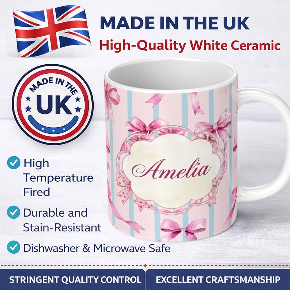 Personalized Custom Name Watercolor Pink Ribbon Bow Seamless Pattern with Blue Stripes Lovely 11oz Ceramic Coffee Tea Mug White Large Handle