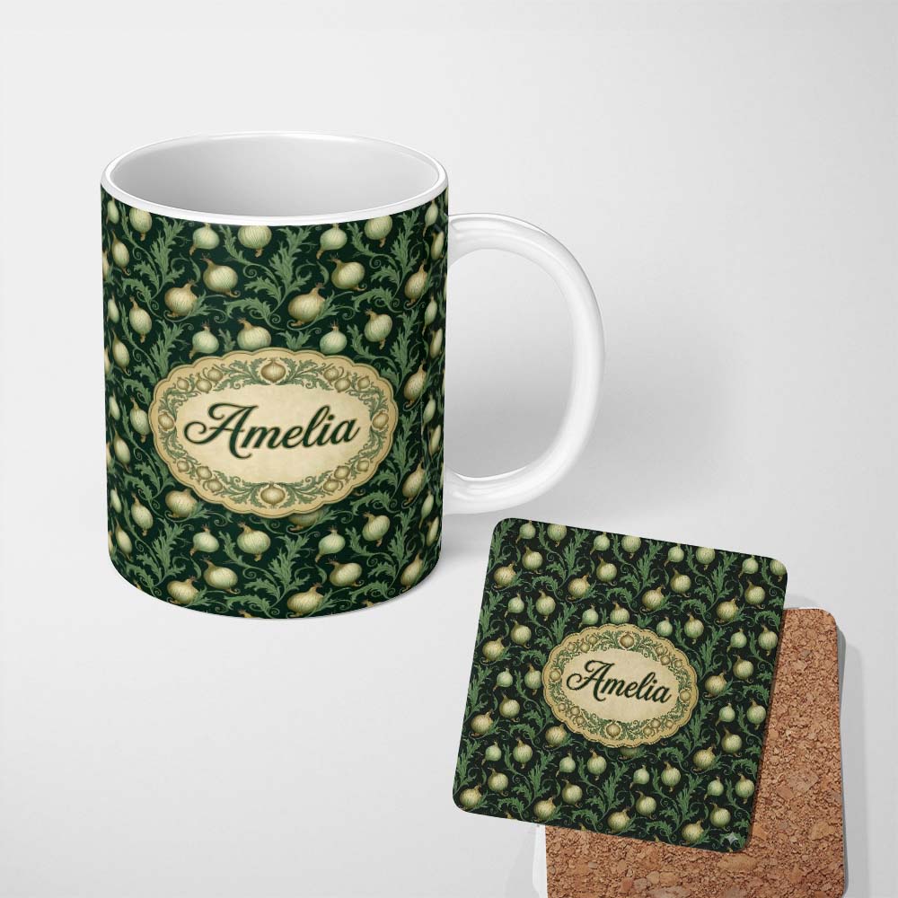 Personalized Custom Name Dark Green Ornate Onion Botanical Pattern Vintage Floral Style 11oz Ceramic Coffee Tea Mug White Large Handle