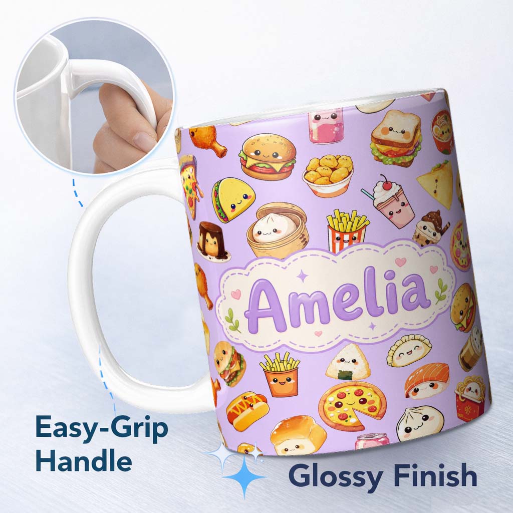 Personalized Custom Name Kawaii Fast Food Burger Sushi Taco Pizza Purple Seamless Pattern 11oz Ceramic Coffee Tea Mug White Large Handle