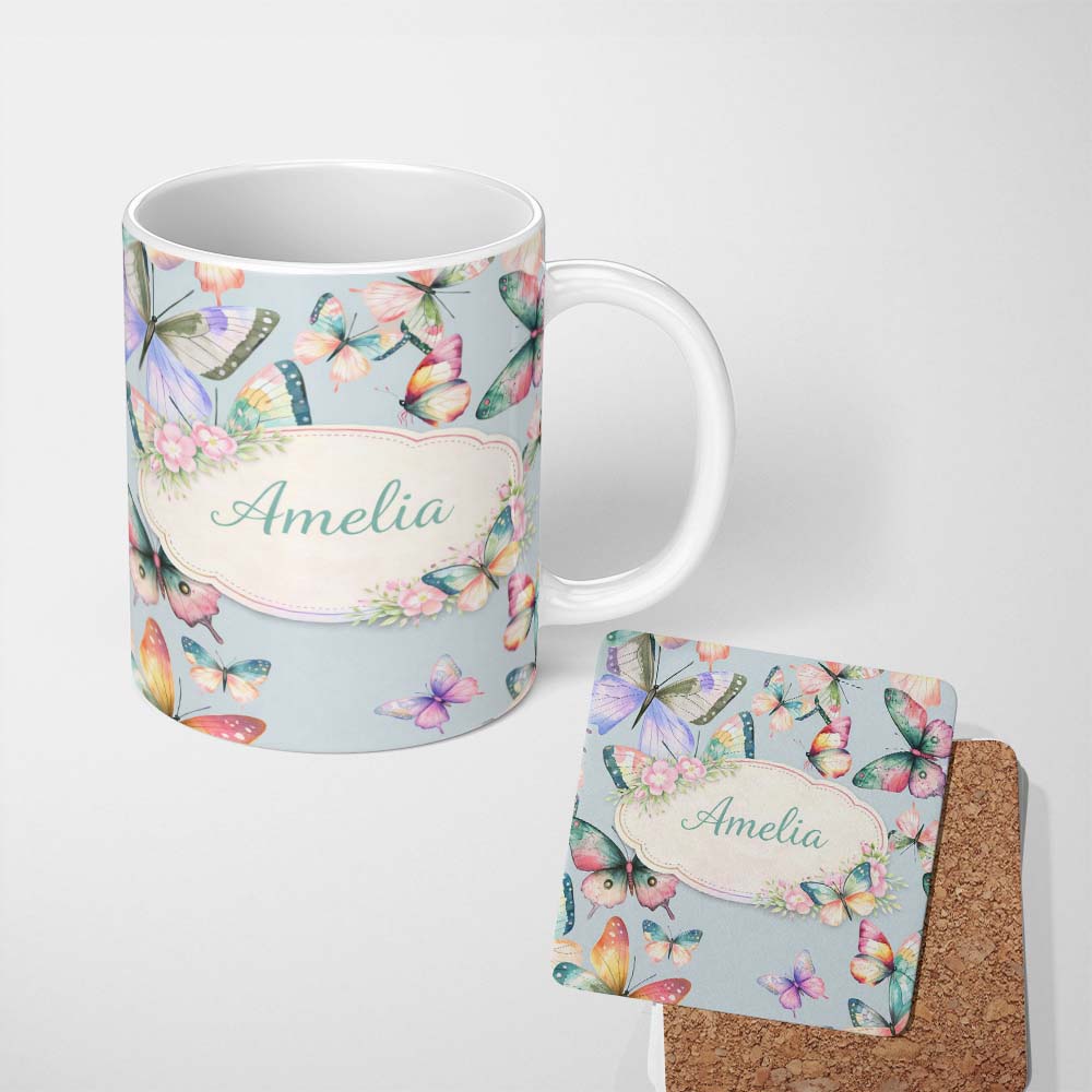 Personalized Custom Name Pastel Watercolor Butterflies Pale Blue Background Seamless Pattern 11oz Ceramic Coffee Tea Mug White Large Handle