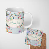Personalized Custom Name Pastel Watercolor Butterflies Pale Blue Background Seamless Pattern 11oz Ceramic Coffee Tea Mug White Large Handle