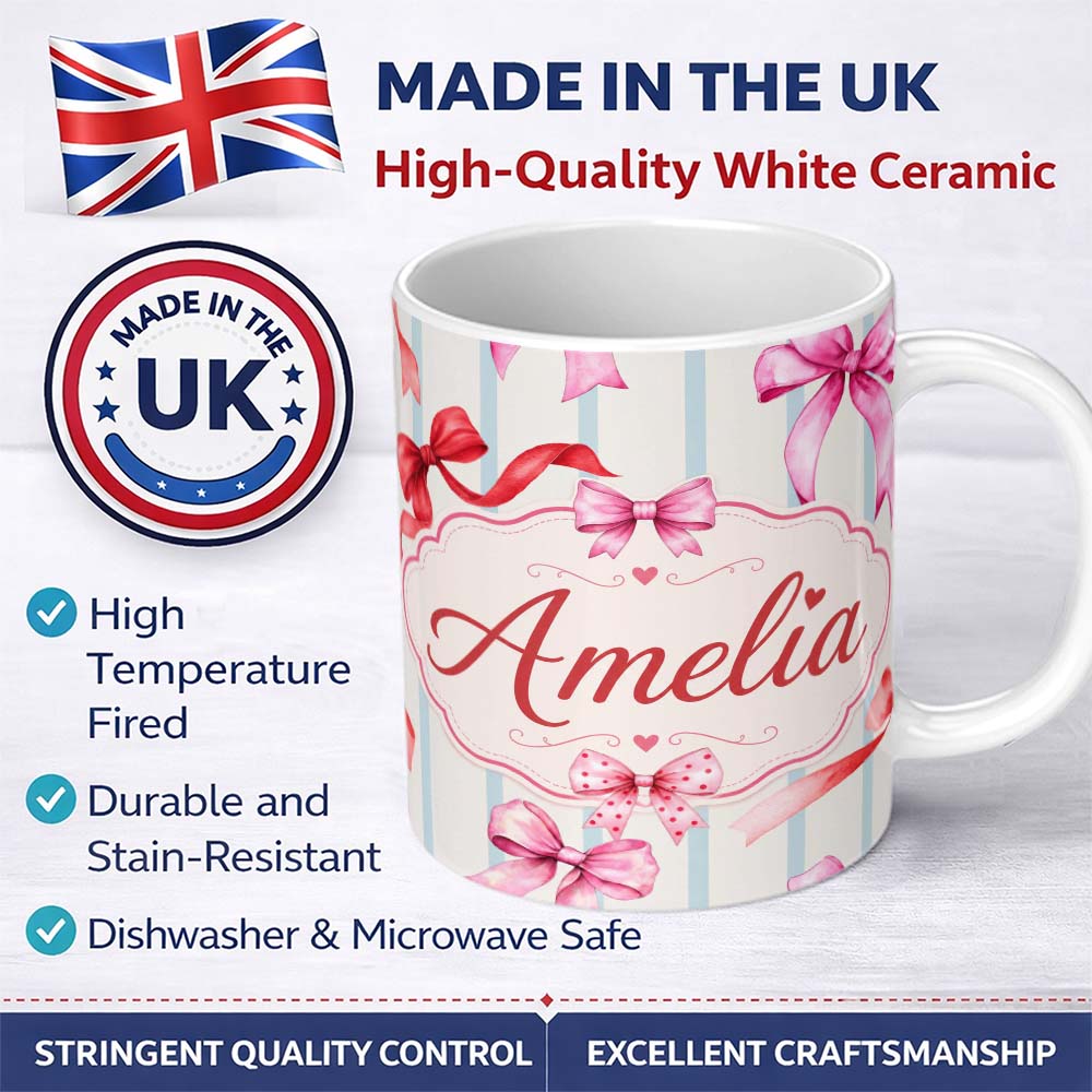 Personalized Custom Name Watercolor Red Pink Ribbon Bows Blue Stripe Background Cute Girly 11oz Ceramic Coffee Tea Mug White Large Handle