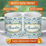 Personalized Custom Name Blue Floral Ornamental Seamless Pattern Classic Botanical Design 11oz Ceramic Coffee Tea Mug White Large Handle