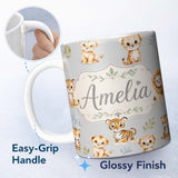 Personalized Custom Name Baby Safari Animals Leopard Tiger Lion on Soft Grey Seamless 11oz Ceramic Coffee Tea Mug White Large Handle