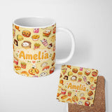 Personalized Custom Name Kawaii Fast Food Burger Sushi Taco Pizza Beige Seamless Pattern 11oz Ceramic Coffee Tea Mug White Large Handle