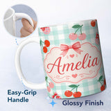 Personalized Custom Name Cute Cherry Fruit with Bow and Sprinkles Pattern Mint Gingham Check 11oz Ceramic Coffee Tea Mug White Large Handle