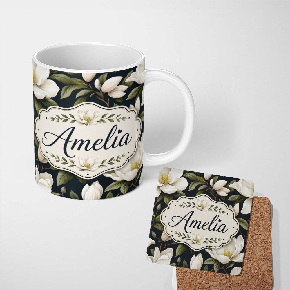 Personalized Custom Name White Magnolia Floral Design on Dark Background Seamless Pattern 11oz Ceramic Coffee Tea Mug White Large Handle