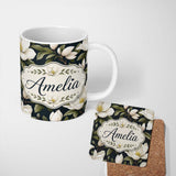 Personalized Custom Name White Magnolia Floral Design on Dark Background Seamless Pattern 11oz Ceramic Coffee Tea Mug White Large Handle