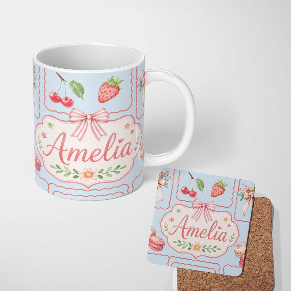 Personalized Custom Name Cute Strawberry Cherry Ribbon Bow Sweet Dessert Pattern Blue Lovely 11oz Ceramic Coffee Tea Mug White Large Handle