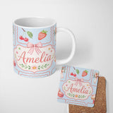 Personalized Custom Name Cute Strawberry Cherry Ribbon Bow Sweet Dessert Pattern Blue Lovely 11oz Ceramic Coffee Tea Mug White Large Handle