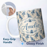 Personalized Custom Name Elegant Blue Floral Vintage Botanical Seamless Pattern Lovely 11oz Ceramic Coffee Tea Mug White Large Handle