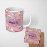 Personalized Custom Name Kawaii Jellyfish Puffer Fish Starfish Pastel Ocean Creatures Peach 11oz Ceramic Coffee Tea Mug White Large Handle