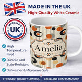 Personalized Custom Name Abstract Black Orange Mid Century Atomic Shapes Seamless Pattern 11oz Ceramic Coffee Tea Mug White Large Handle